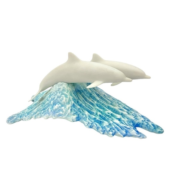John Perry Design Dolphins On Blue Wave Sculpture 1999 Artist Signed Ocean Decor - Picture 1 of 11